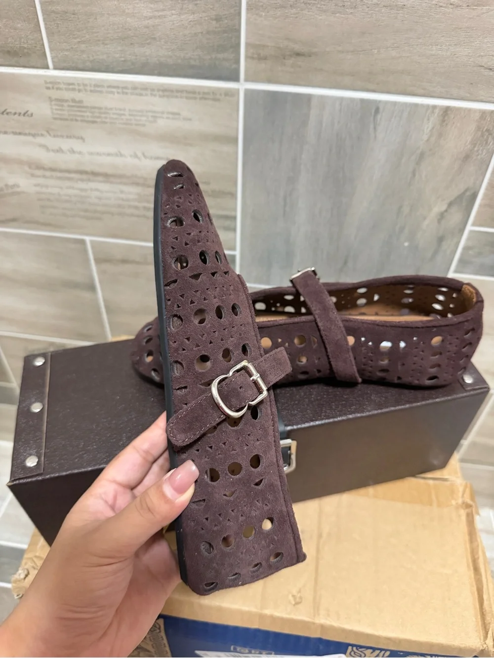 Kids Brown Suede Mary Jane Shoes with Perforated Detail